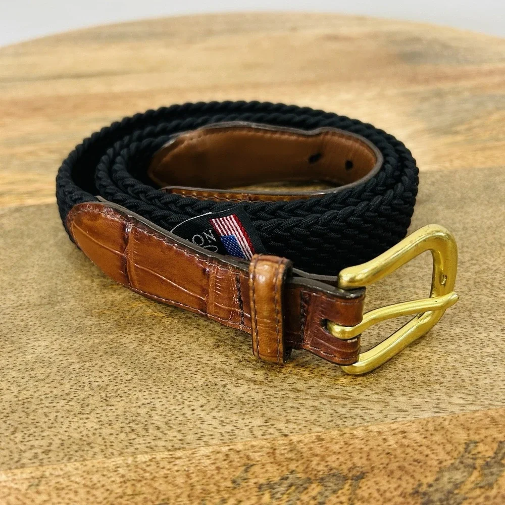 Brighton Elastic Cord Croco Tab Taper Black belt Brass Leather Size 36 USA
